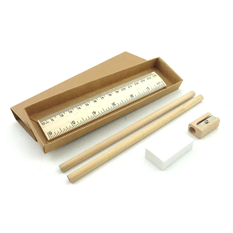 Custom Eco Friendly Wooden Ruler Eraser Pencil Sharpener in Kraft Box Stationery Items for School Stationery Set Logo Printing