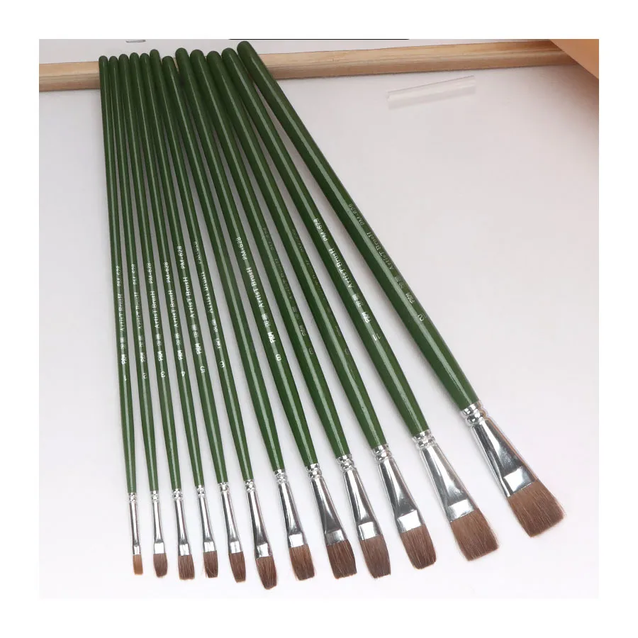 Bview Art  Manufacturer wholesale Customized wolf hair flat head brush 12 pieces green wooden handle flat head painting brush