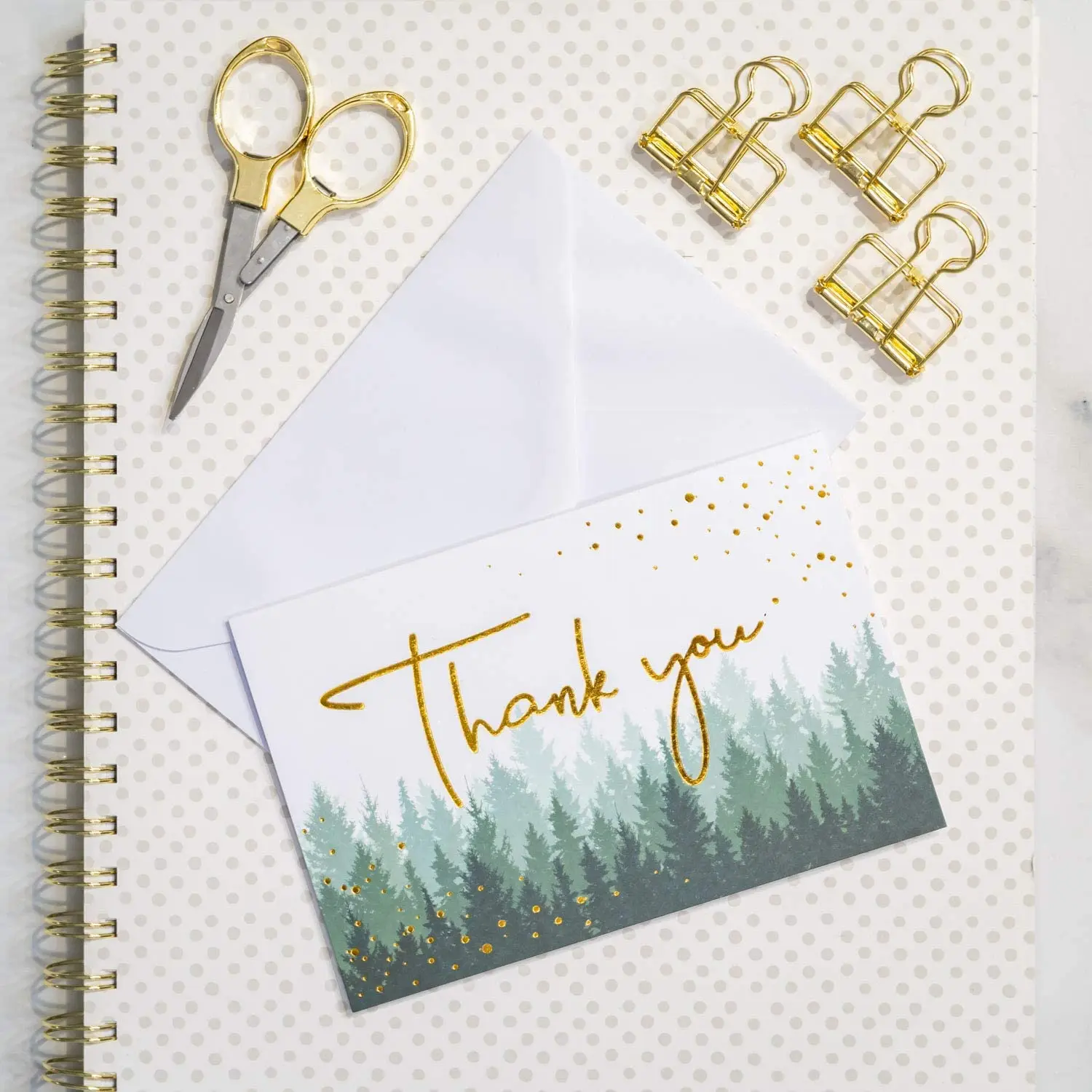 Myway Cards Printing Gold Foil Forest Nature Customised Wedding Baby Shower Thank You Notes Card with Envelopes