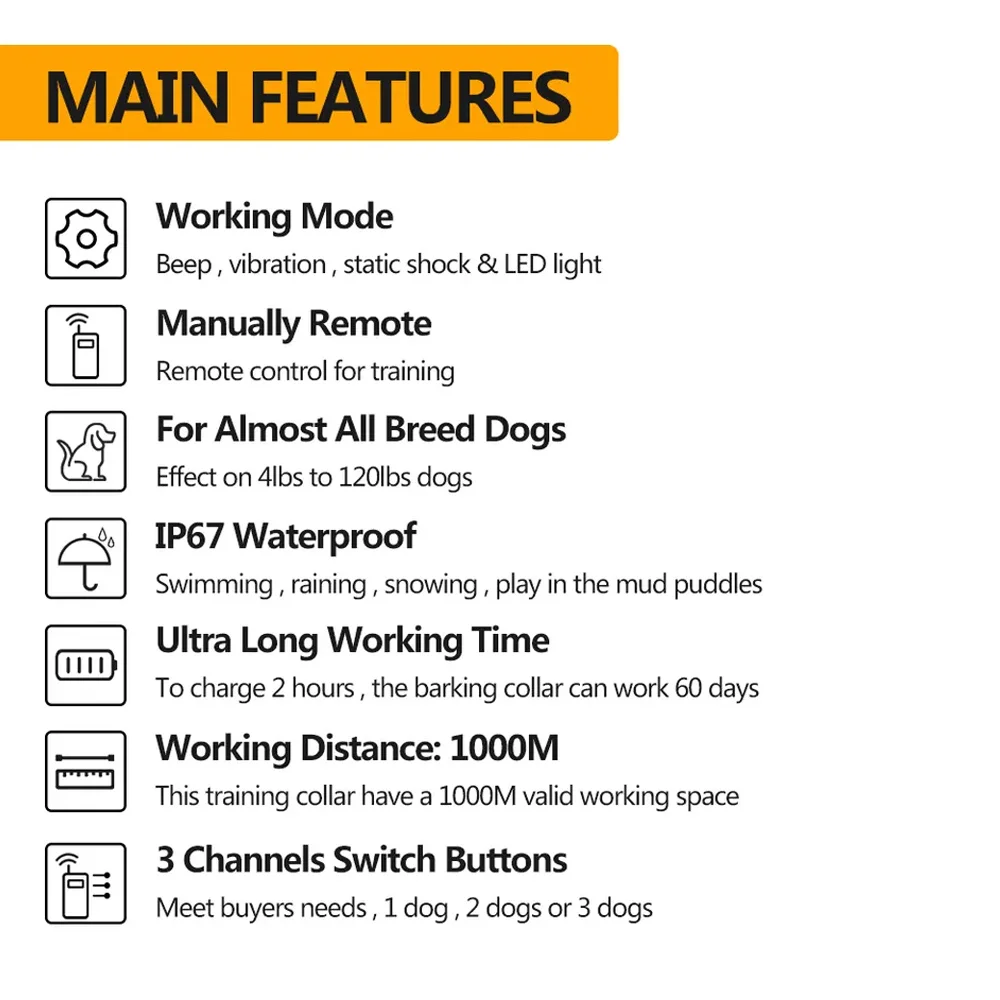 100 Levels Adjustable Remote Controlled Beep Vibration Static Shock Anti Barking Pet Dog Training Collar For 2 Dogs