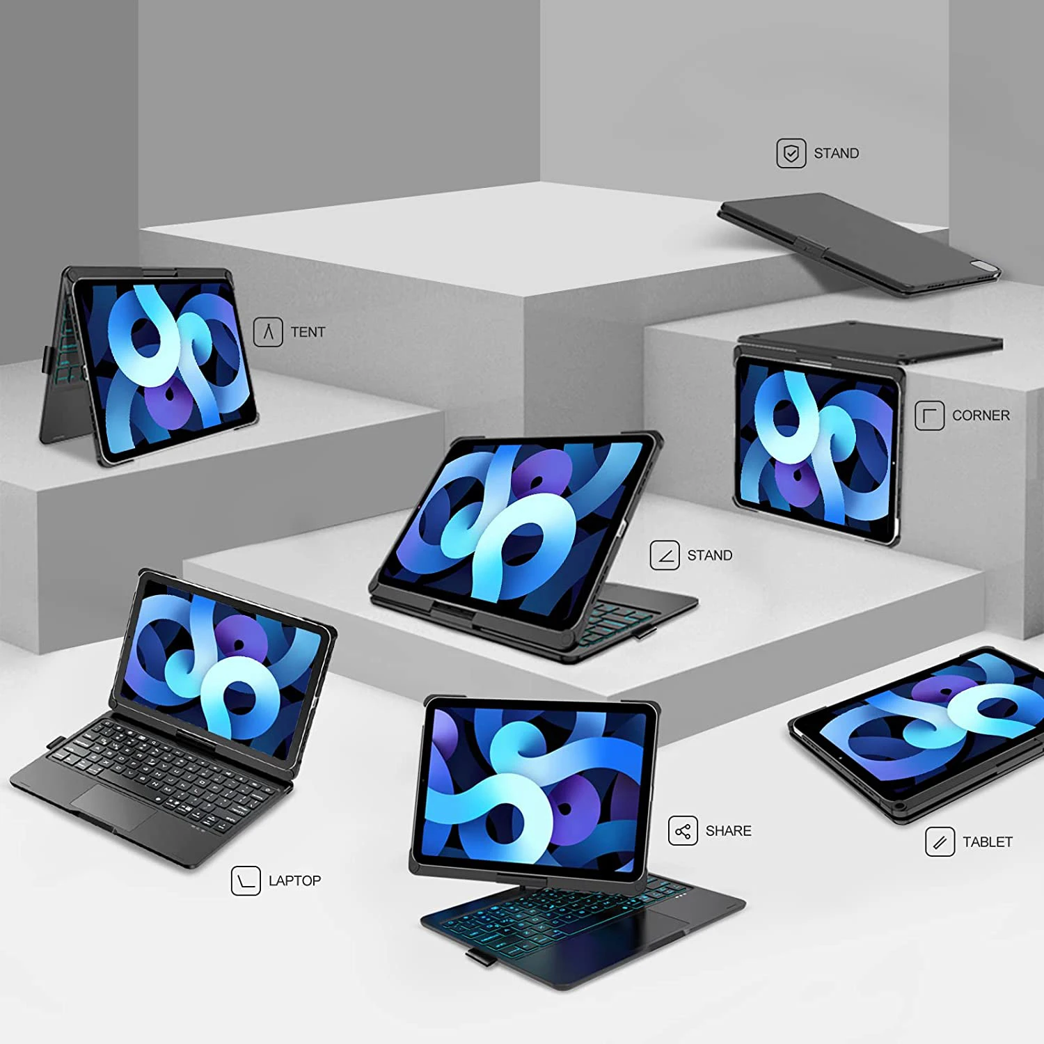 360 Rotatable 7 Color Backlight Touchpad Case Keyboard For Ipad Pro 11 Inch / Ipad Air 4 10.9 Inch