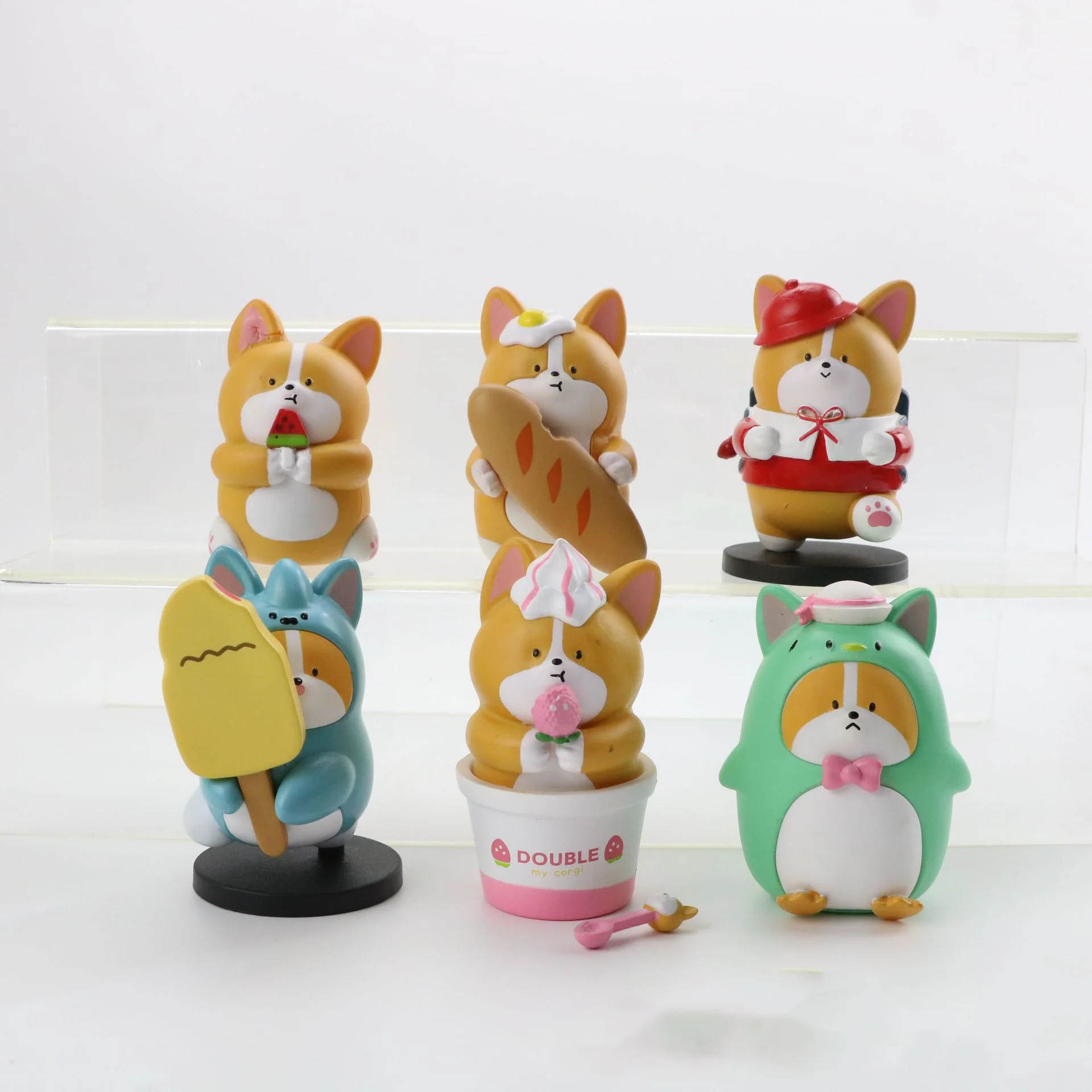 6PCS Corgi Dog Toy Food Gourmet Ice Cream Bread Backpack Shape Hand-Made Capsule Doll Ornaments Home Decoration Chidren Gift