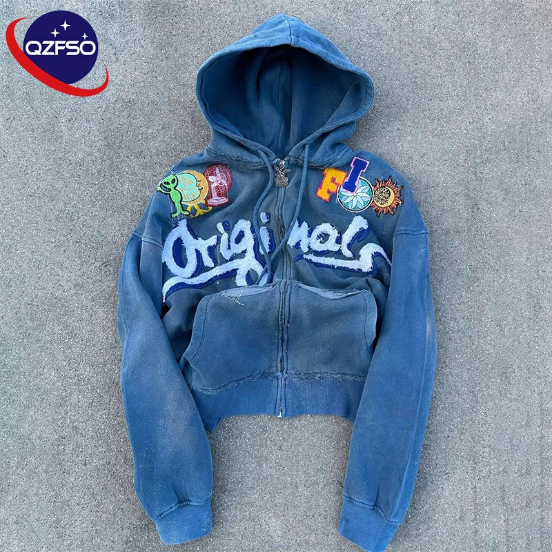 QZFSO High Quality Full Zip Up Chenille Embroidery Custom Logo Cropped Distressed Tech Fleece Sun Faded Acid Washed Hoodie Set