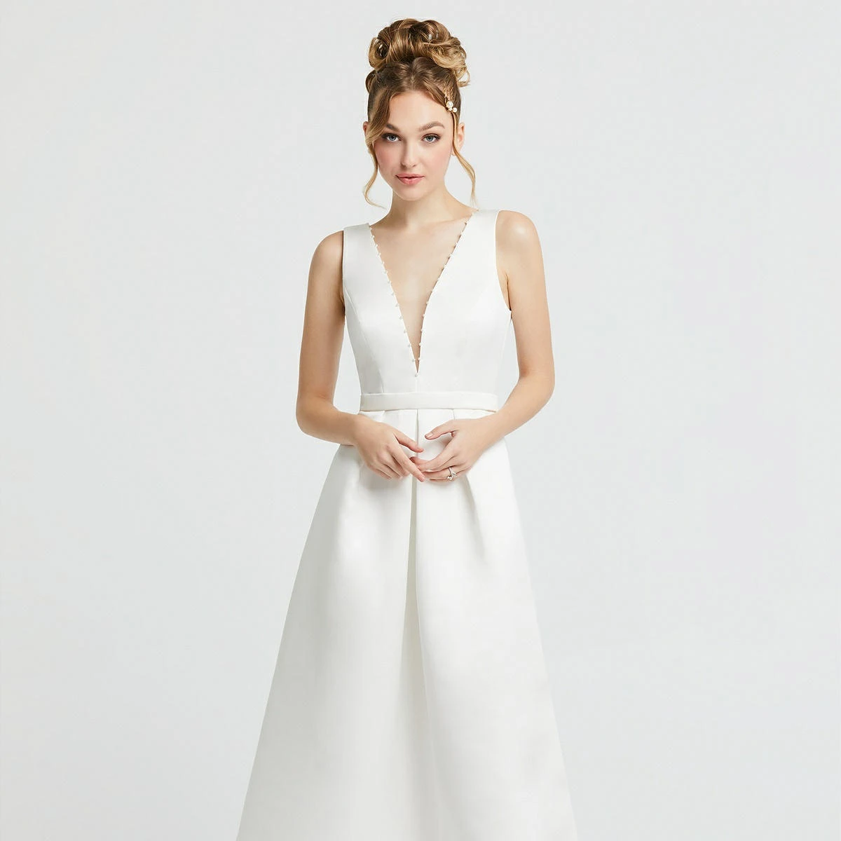 Deep V-Neck High Low Satin Wedding Dress with Pockets