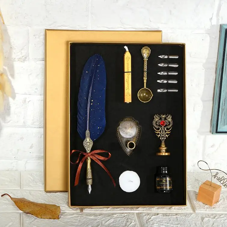 Feather Calligraphy Pen Set Includes 5 Nibs Sealing Stamp, Wax Seal Strips, Wood Handle Spoon Etc