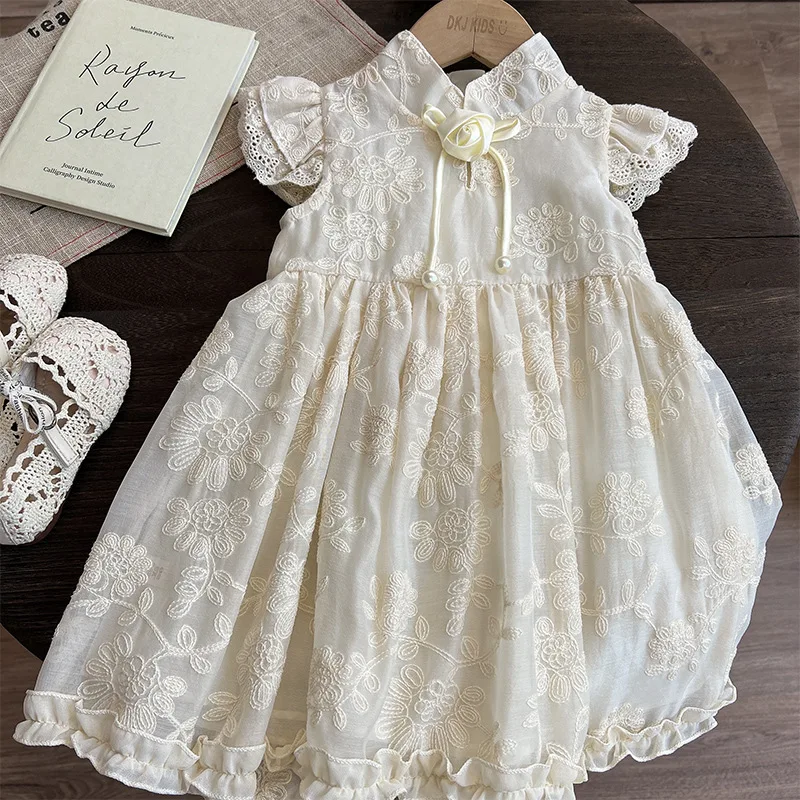 Latest Design Summer Kids Lace Wear Short Sleeve Chinese Style Embroidery Princess Girls Dresses
