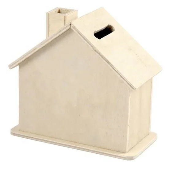 Wooden Pale Natural Color Sanded Plywood House Shaped Money Saving Piggy Bank Box , Ready for DIY Decoration