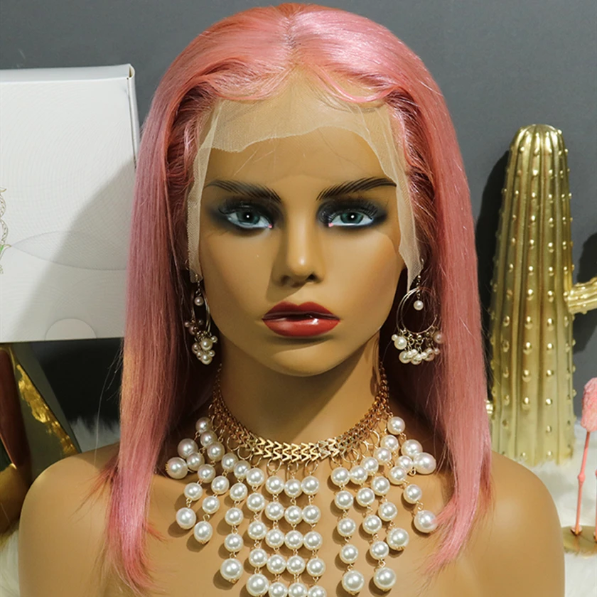 
Модный дизайн, розовый парик из натуральных волос, прозрачный парик с кружевом спереди, 100% бразильские натуральные волосы, короткий Боб, цветной кружевной парик для женщин 