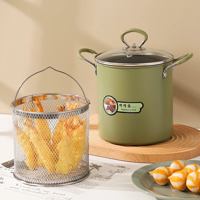 Wholesale Metal Noodles Boiler Deep Fryer With Filter Non-stick Fried Chicken Potato Chips Tempura Frying Pot Kitchen Cookware