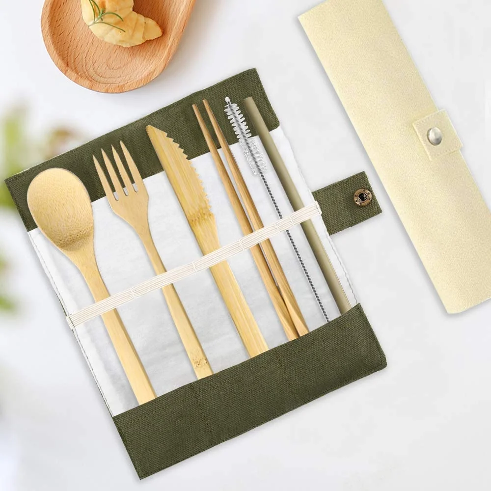 Wholesale engraved logo bamboo cutlery set reusable Eco-friendly bamboo cutlery set travel Knife, Fork, Spoon, Straw,Chopstick