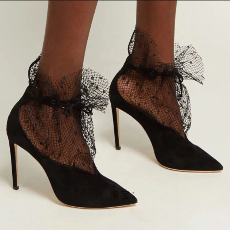 Wholesale black suede lace stitching pointed toe stiletto heel fashion lady shoes