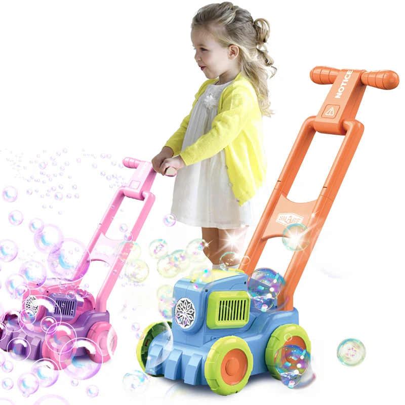 kids Summer Fun Outside Push Gardening Toys Automatic Bubble Maker Toddler Lawn Mower Bubble Machine Toys with Light