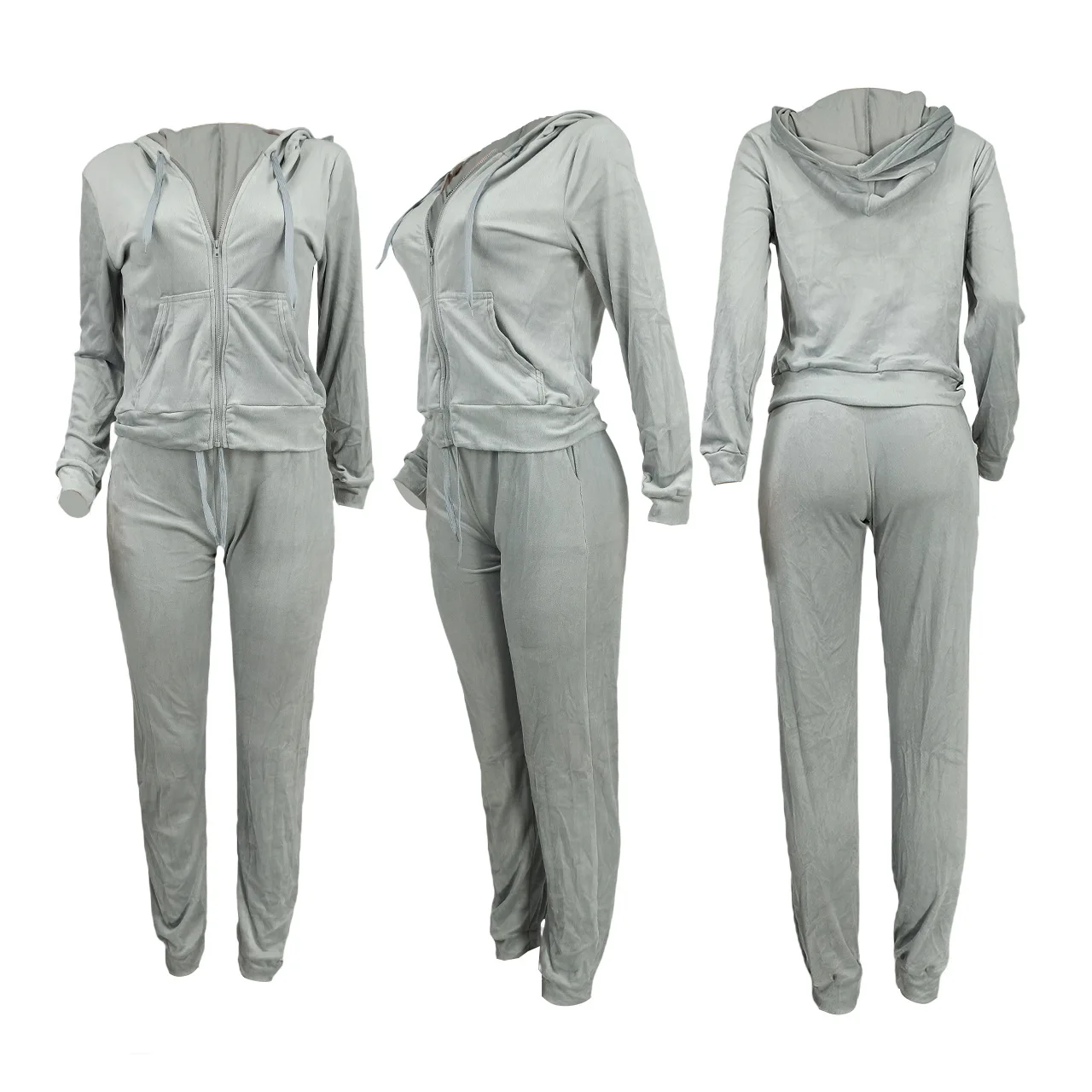 Hot Sale Fall Womens Fox Fleece Velvet Tracksuit Drawstring Women Two Piece Set Zip Up Plain Velour Tracksuit For Women