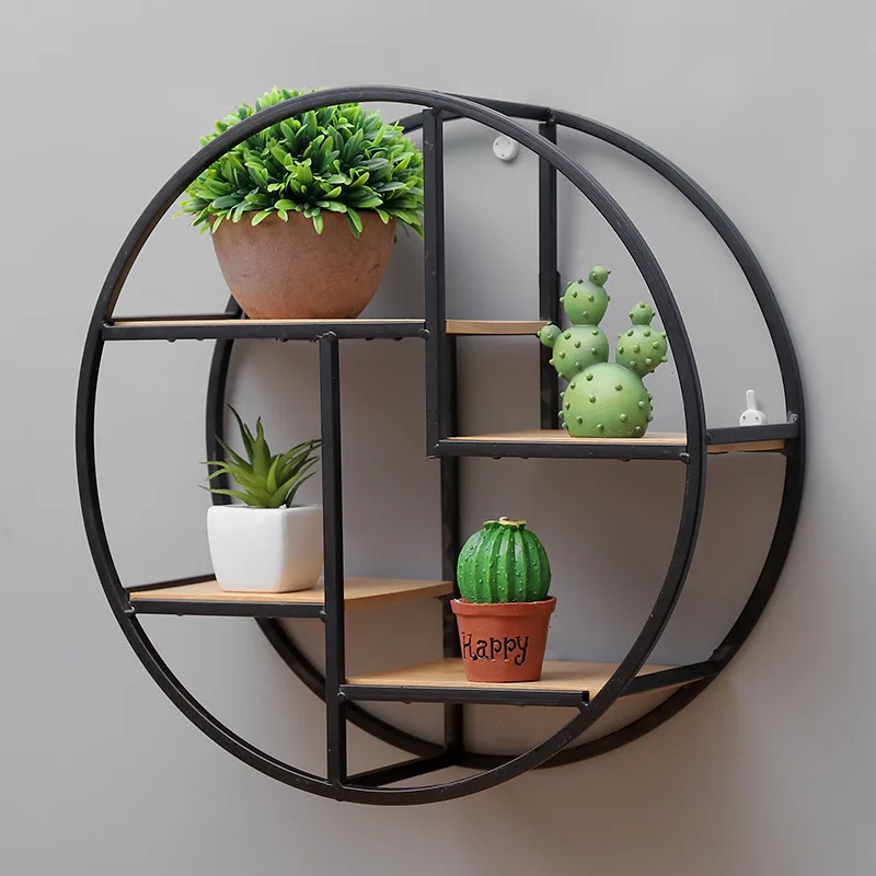 Home Decoration Storage Rack Modern Hanging Metal and Wood Round Design Nordic Wall Shelf