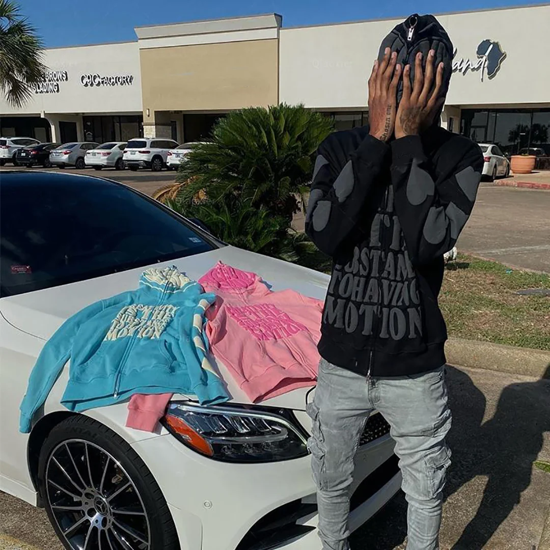 Custom Logo Puff Printing Men Hoodie Oversized Streetwear 100% Cotton French Terry Casual Zip Hoodie With Custom Design Clothing