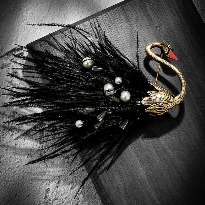 Vintage Elegant Personalized Swan Black Feather Brooches Pin Pearl Real Feather Brooch For Women