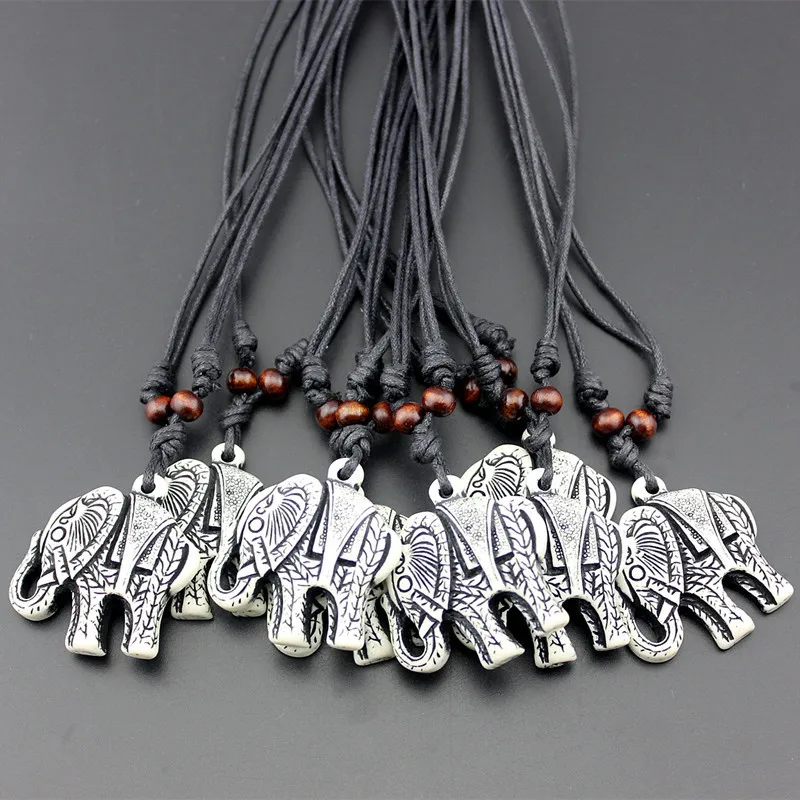 Ethnic Handmade Wax Cord Wood Beads Adjustable Choker Animal Resin Elephant Pendent Totem Amulet Jewelry For Men Women