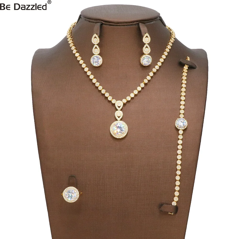 2020 New Design Fashion 24k Gold Plated AAA Zircon White Crystal  Evening Dress Wedding accessories Bridal jewelry Sets