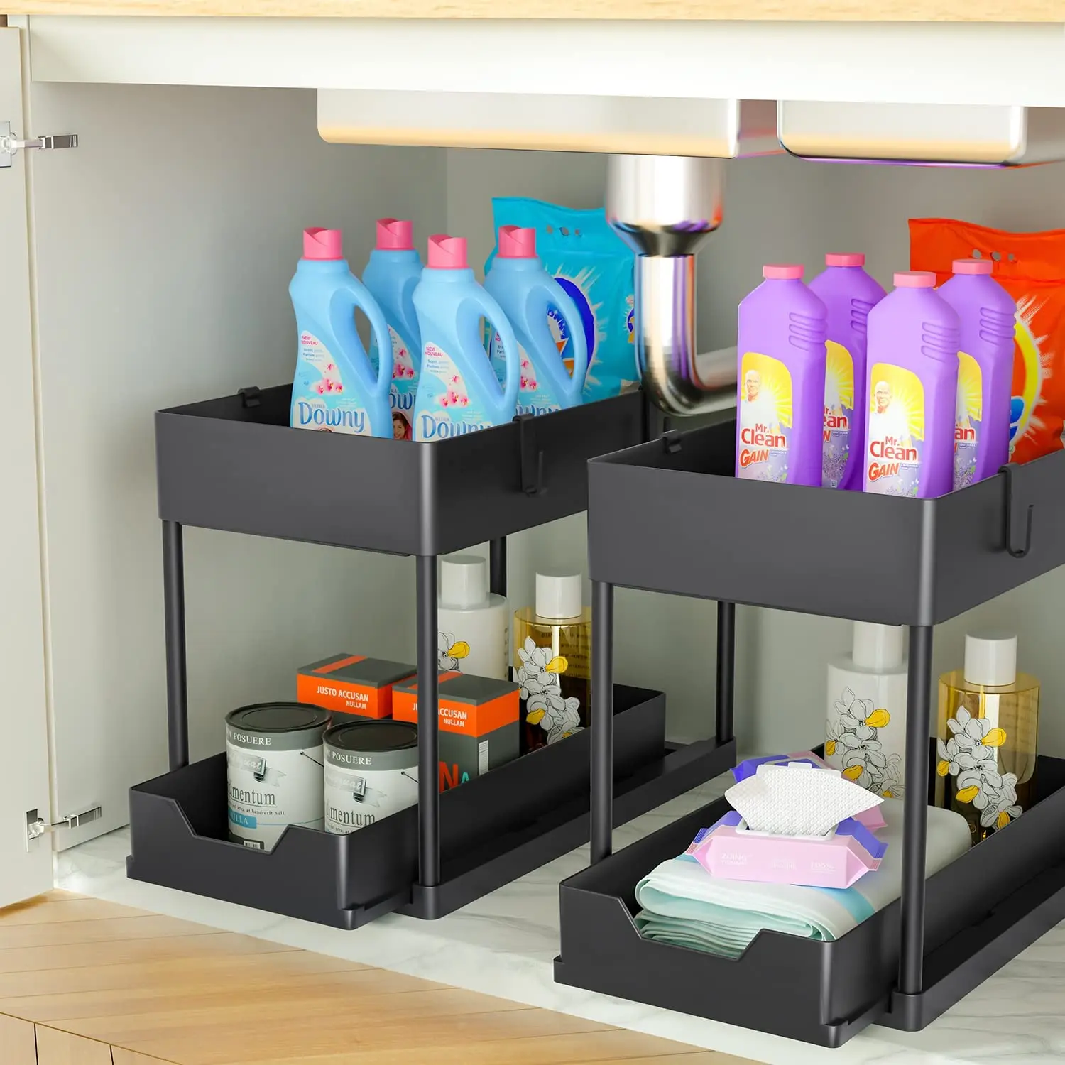 Sliding Cabinet Storage Shelf with 2 Tier Sliding Drawer Pull Out Bathroom Organizer Under Sink  2 Pack Under Sink Organizer