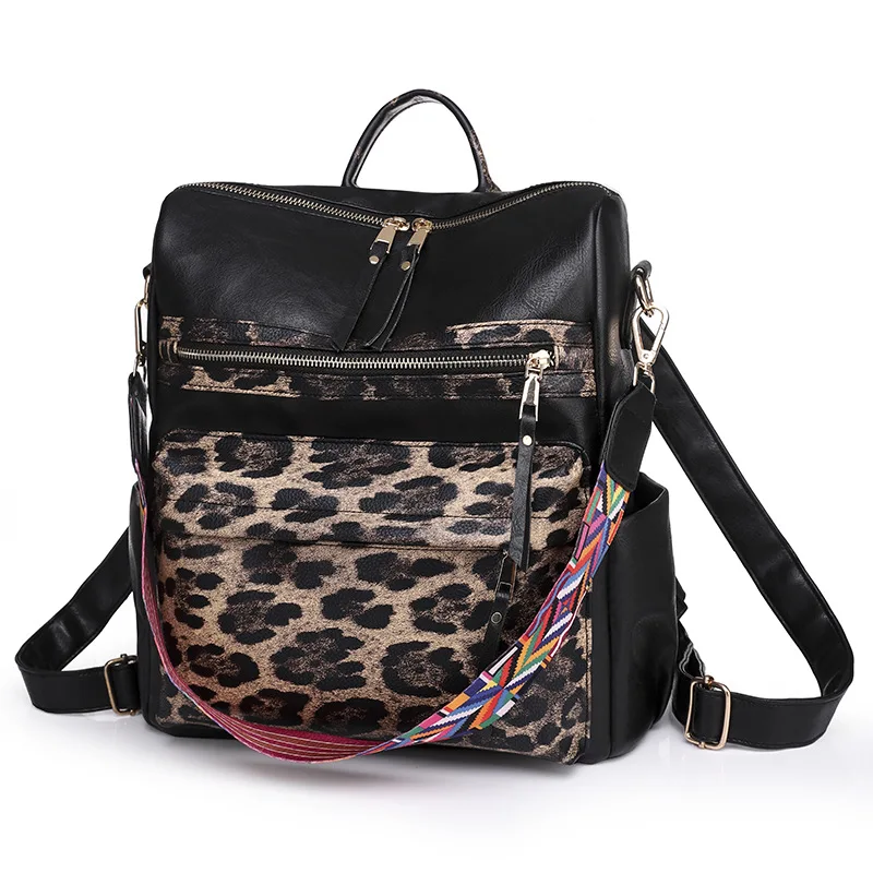Women Leather Large Backpack with Guitar Strap Back to School Backpack Travel Bag Leopard Pattern Stylish Convertible Backpack