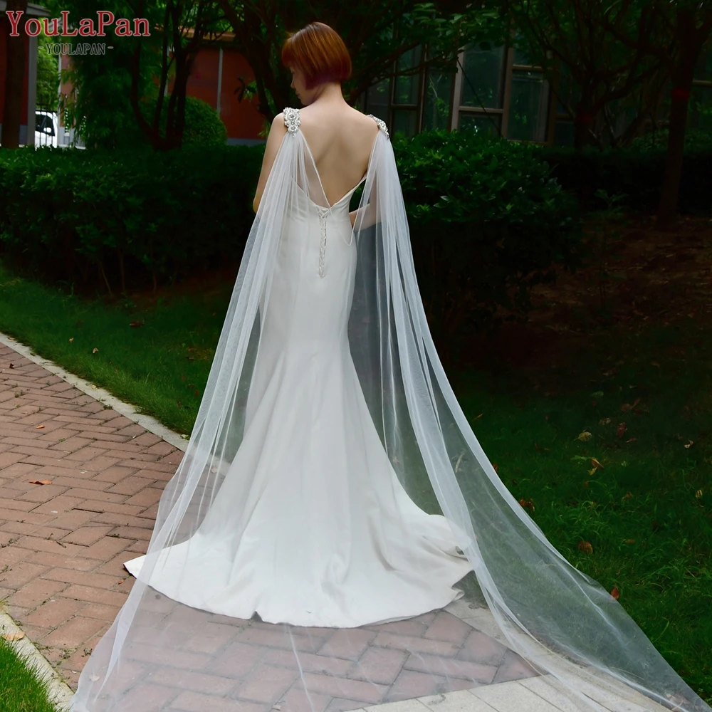 YouLaPan VG19 Detachable Pin Cape Rhinestone Pearl Applique Long Tulle Shawl Women Wedding Evening Dress Shoulder Coverage