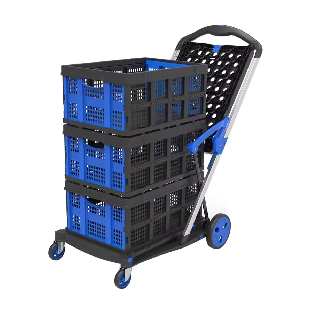 Customized Wholesale two tiers folding hand truck shopping carts with four wheels for groceries