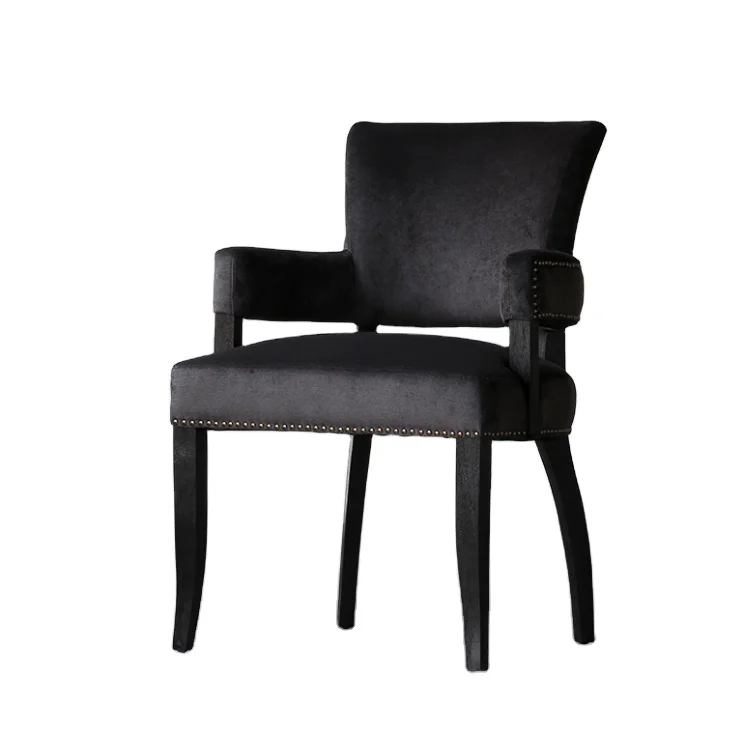Black antique wood fabric cushion chair with armrest for dining room