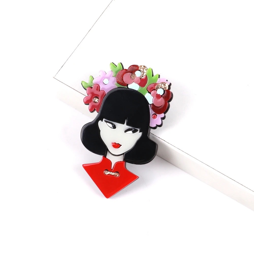 Creative Japanese geisha garland Chinese girl red cheongsam sequin acrylic brooch for women