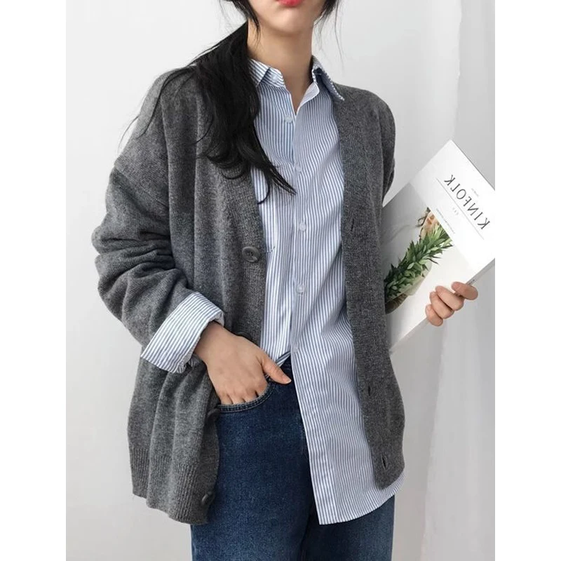 Dropped Shoulder Cozy Cardigan Sweater South Korea Classic Knitted Cardigan Korean Knit Oversized Cardigan