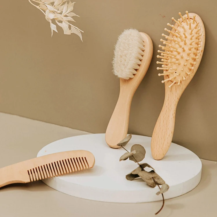 Wholesale Mini Professional Massage Natural Goat Round Baby Kids Wooden 3Pcs Hair Comb and Brush Set