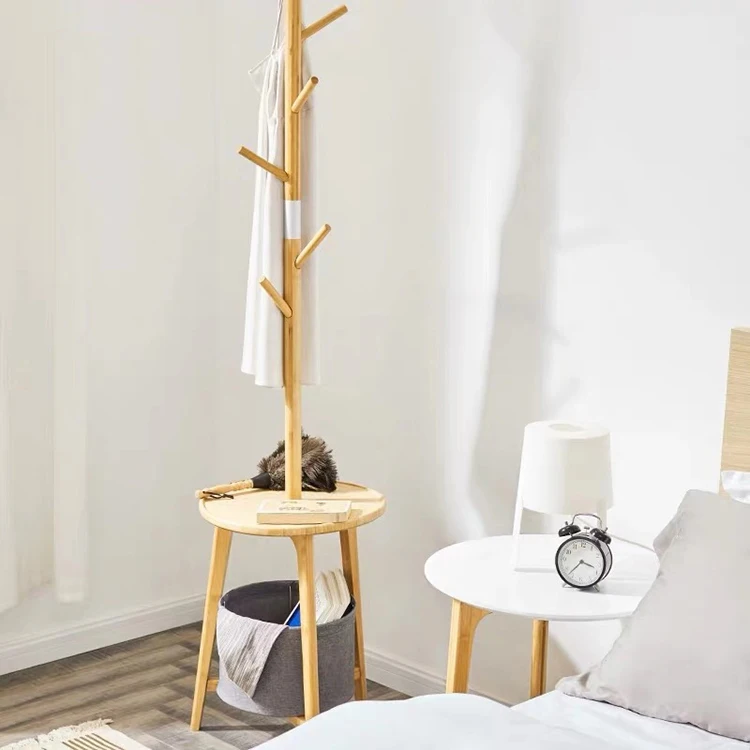 Bamboo Hat Rack Clothes Hanging Rack Bamboo Coat Rack  For Home Office with Laundry Basket and 6 Hooks