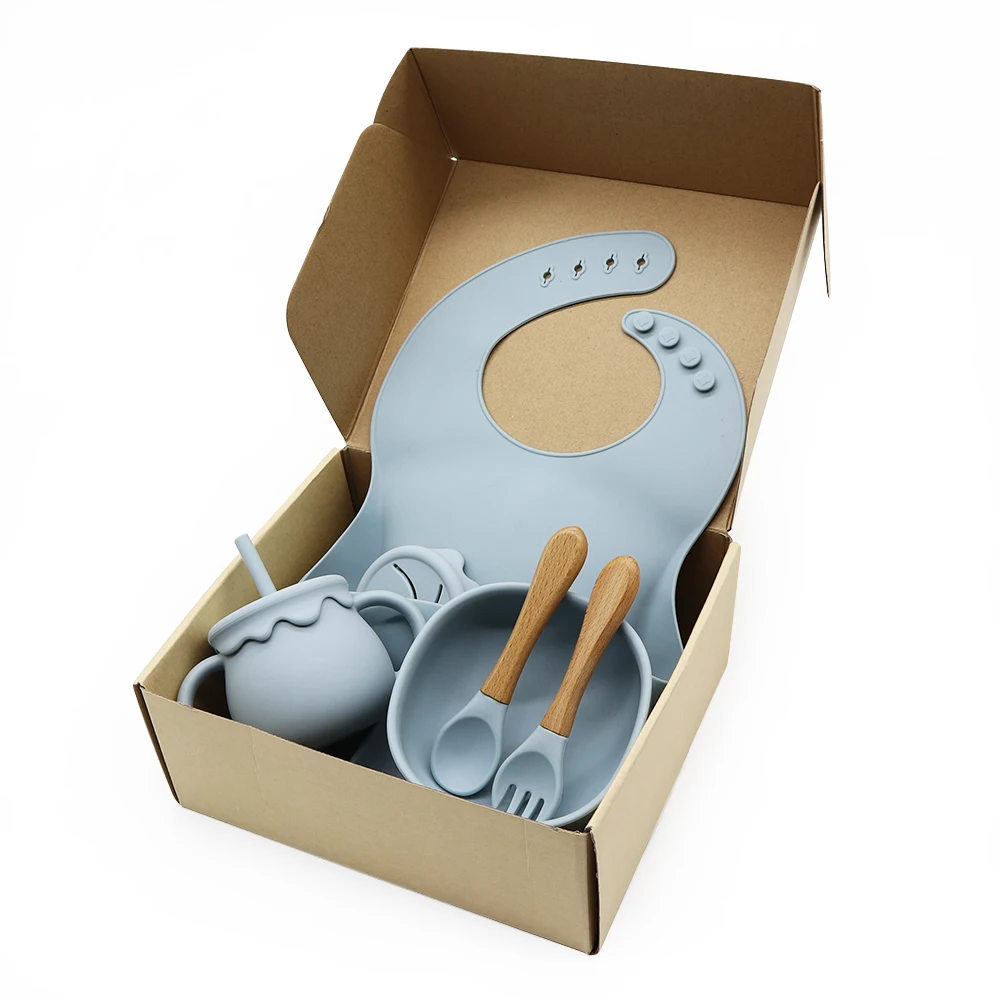 OEM Custom Wholesale Toddler BPA Free Kids Silicone Baby Feeding Set Bowl Spoon Bib Waterproof