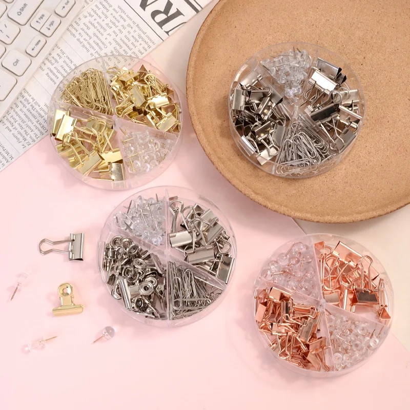 72Pcs Binder Clips Push Pins Paper Clips 4 Styles Office Supplies Set with Box for School Rose Gold