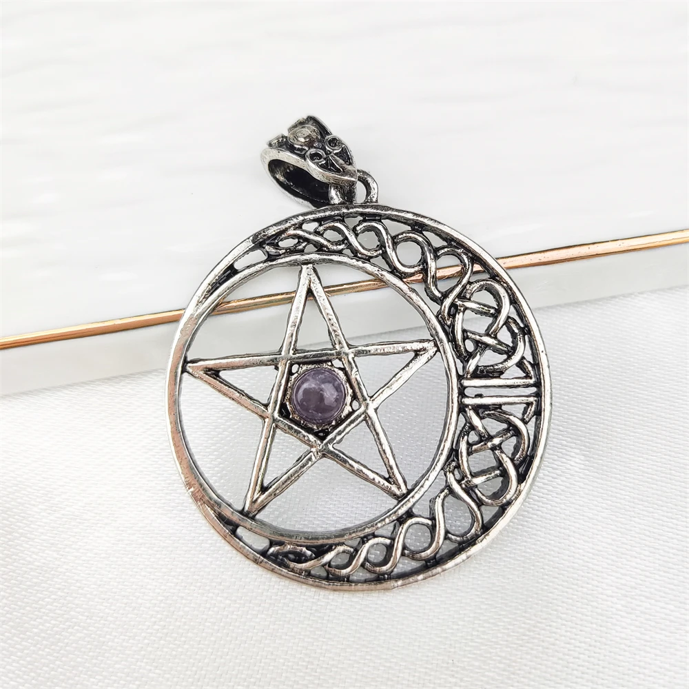 Manufacturer Retro Jewelry Antique Silver Moon Star Charms Amethyst Labradorite Tiger Eye Natural Stone Necklace Pendant for DIY