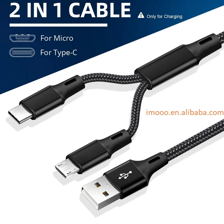 Factory Price 2 in 1 Cable 5V 2.4A Type C Micro USB Fast Charging Wire 1.2M Nylon Braid Y Splitter Mobile Phone Cables