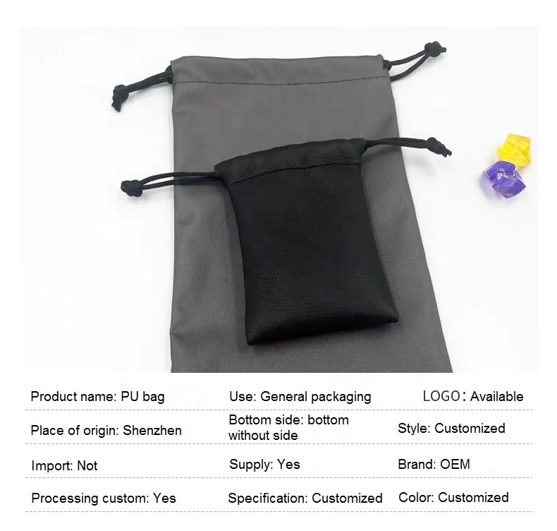 High Quality Custom LOGO Black PU Leather Bags with Rope for Jewelry Gift Shopping Packaging Drawstring Pouch