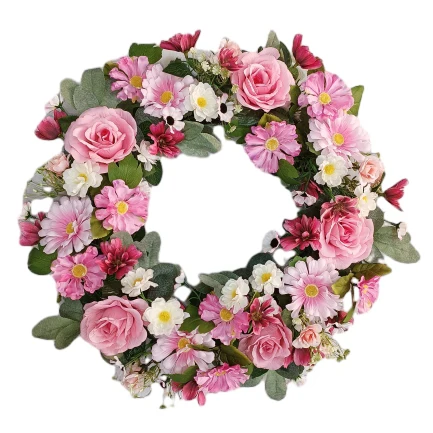 Senmasine artificial flowers rose peony mixed Greenery leaves spring flower wreath with ribbon bows front door hanging decor