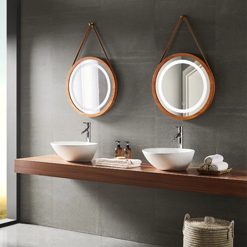 Custom-made Hotel Family bathroom Classic round flat solid wood frame Round leather belt hanging mirror