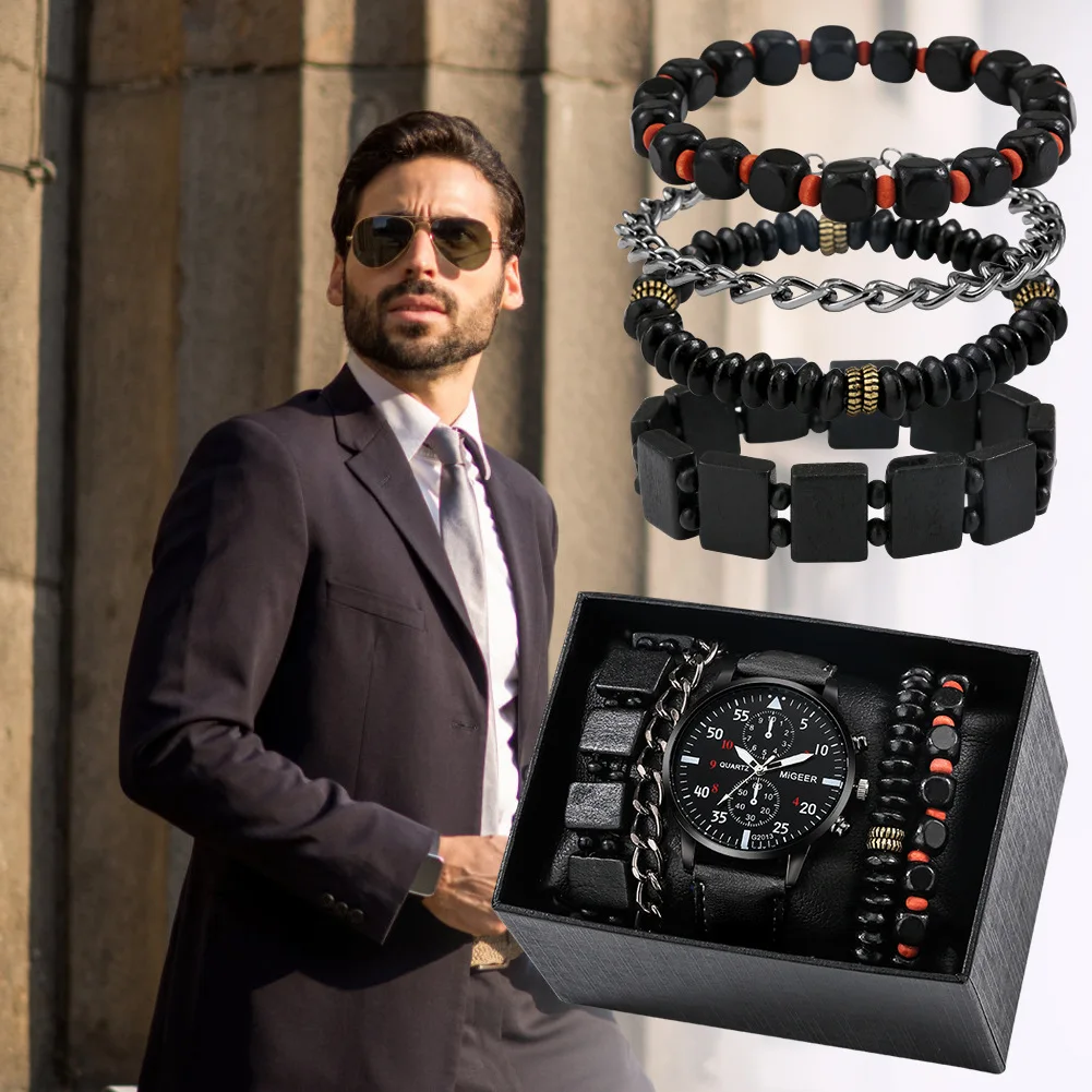 Hifive Wholesale cheap price Alloy fashion Quartz watch Classic boy bracelet and Watches set for men