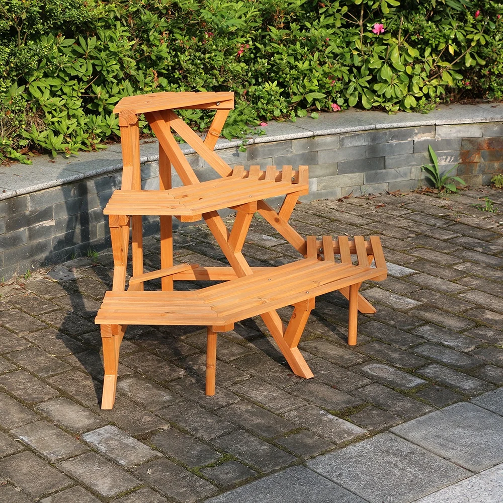 Hot sale outdoor garden plant shelf wooden plant rack corner flower pot display plant stand