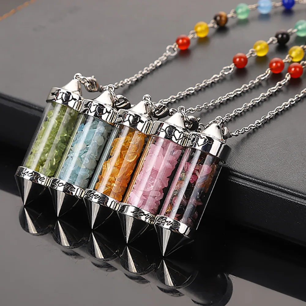Natural Quartz Stone Pendulum Jewelry Chain 7 Chakra Wishing Bottle Crystal Crushed Gemstones Pendant Necklace