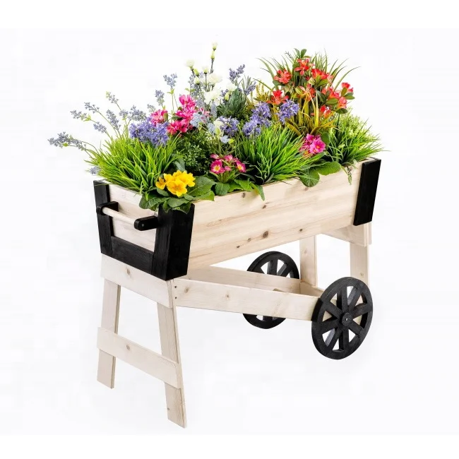 Jaalex Wooden Trolley Raised Garden Bed Flower Planting Bed Outdoor Home Decoration With Wheel