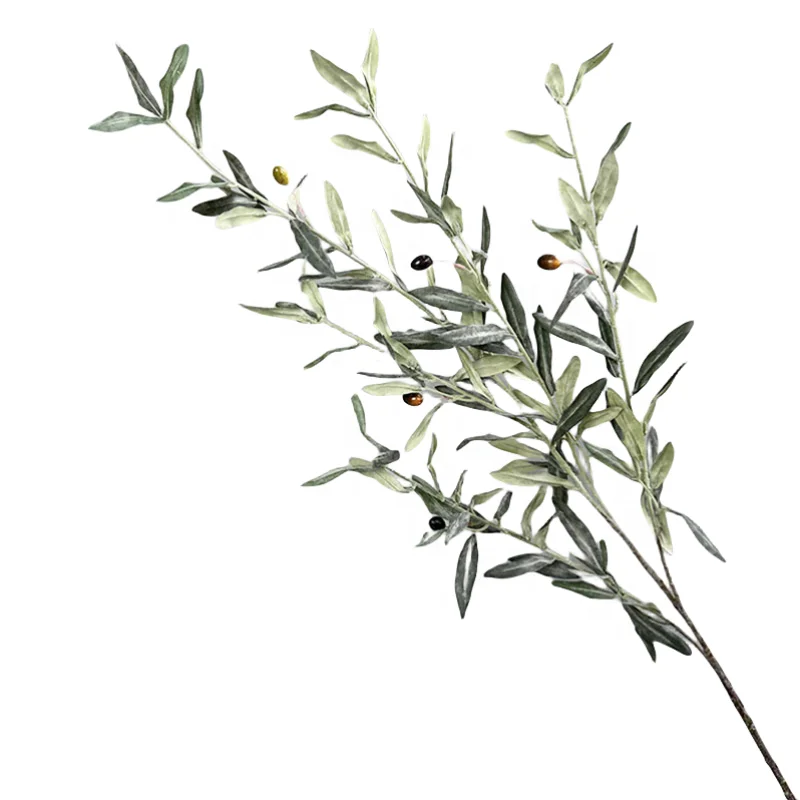 High end flocking olive leaf long stem silk artificial olive leaves with fruit for home decor