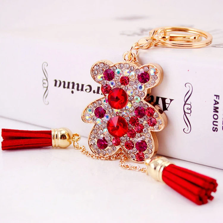 Cute doll key ring keychain handbag 3d metal rhinestone bear keychain with tassel for women money bag handbag pendant decoration