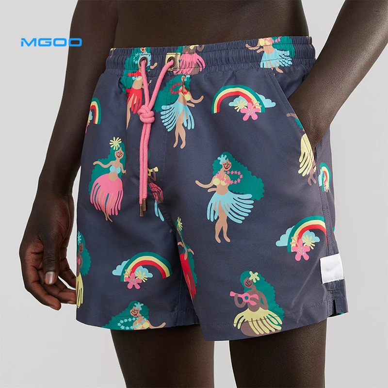 MGOO Recycled white spandex shorts running men shorts 4 way stretch beachwear Hula Girl Hoo Haa