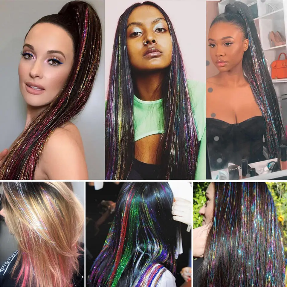 fujia 47 inch 16 Colors 3200 Strands Hair Tinsel 200 Pcs Silicone Buckles Crochet Hook Hair Ring Tip Mouth Clip Comb Hair Tinsel