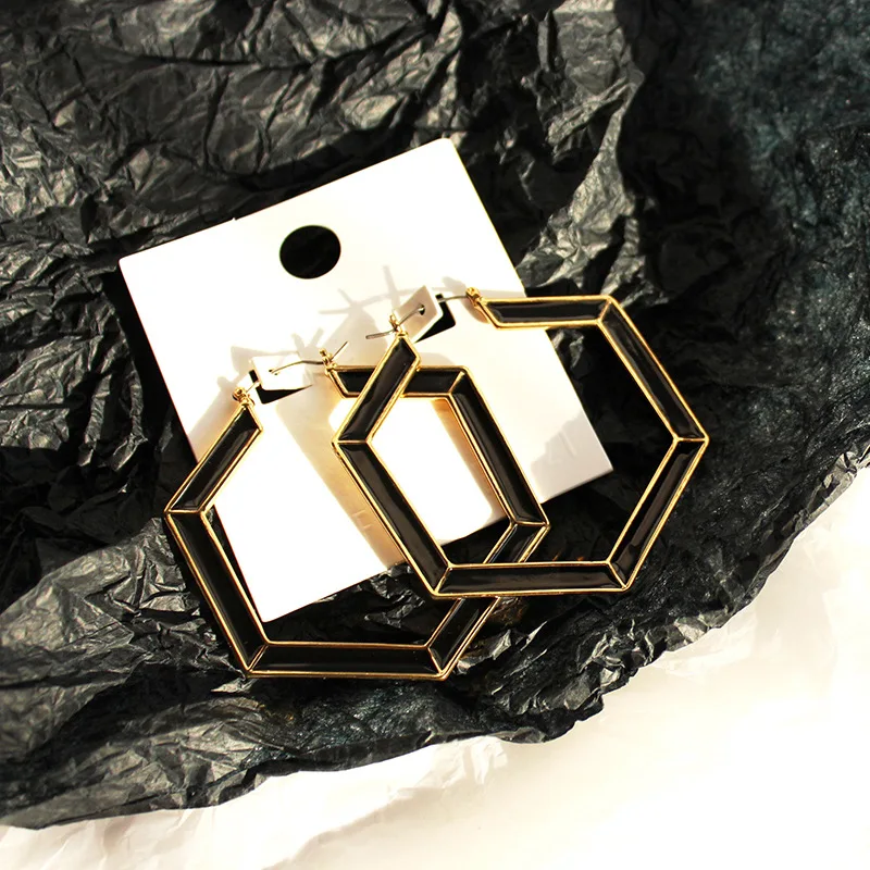 Black drop glaze large metal exaggerated square diamond hoop earrings