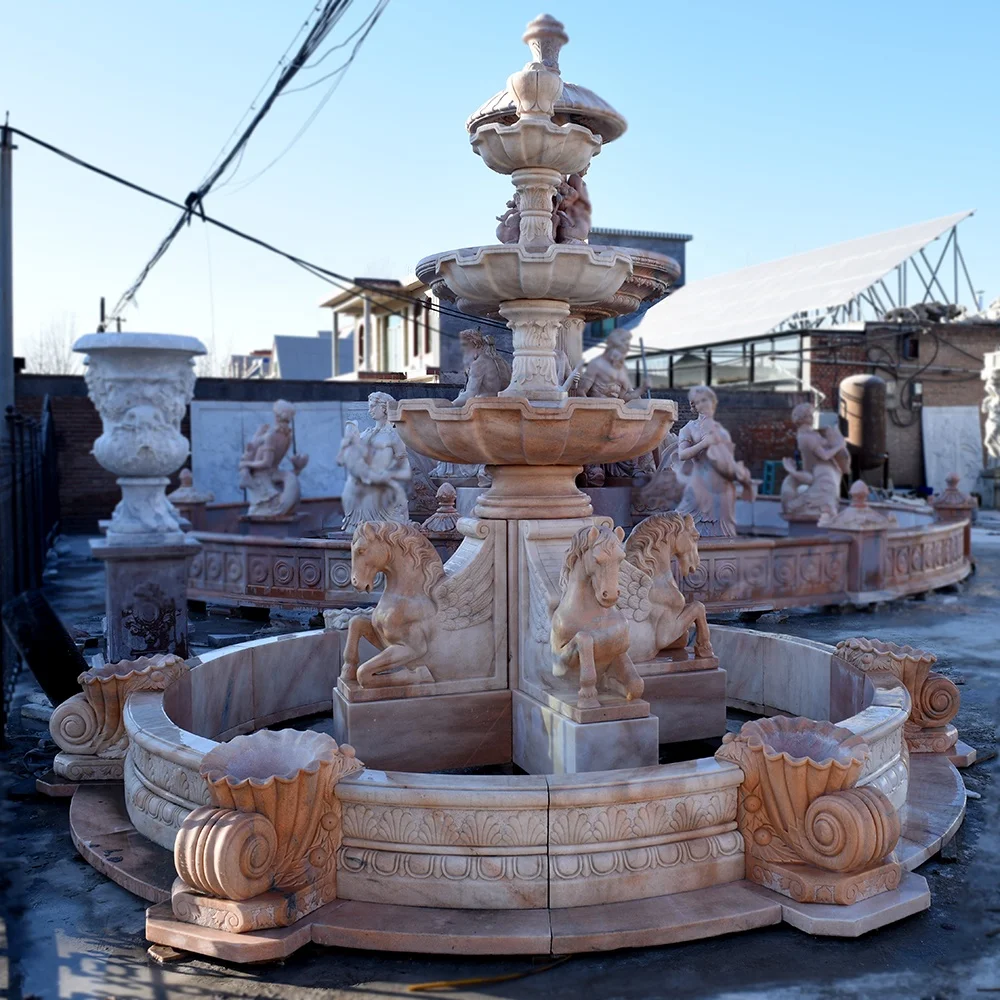 Large Outdoor Garden Natural Hand Carved Marble Stone Pool Water Fountain With Horse Statue