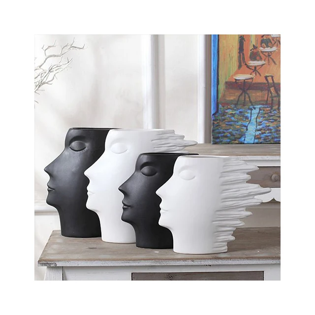 Black And White  Abstract  human face vase flat art painting reference nordic style ceramic porcelain vases