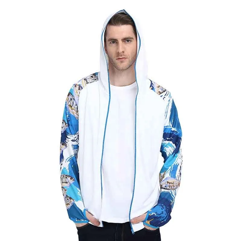 Custom UPF 50+ dry-fit Polyester Sublimation Mens Fishing Suit with Hood Zip Long Sleeve fishing shirt Anti UV Fishing Clothes